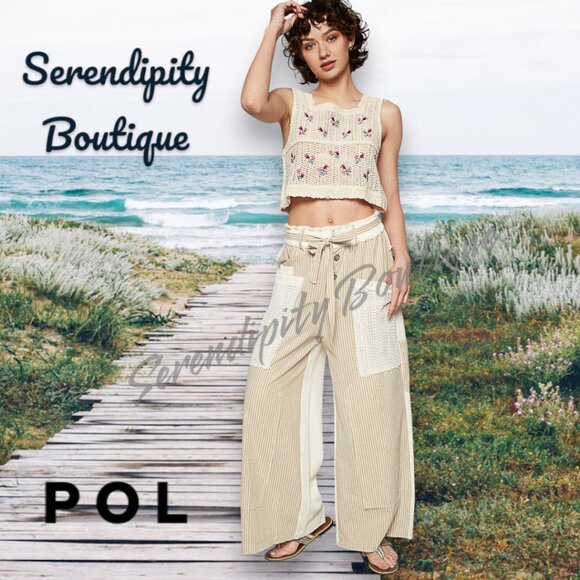 POL Natural Sand Crochet Embroidered Floral Boho Cotton Crop Tank Top - Picture 6 of 9